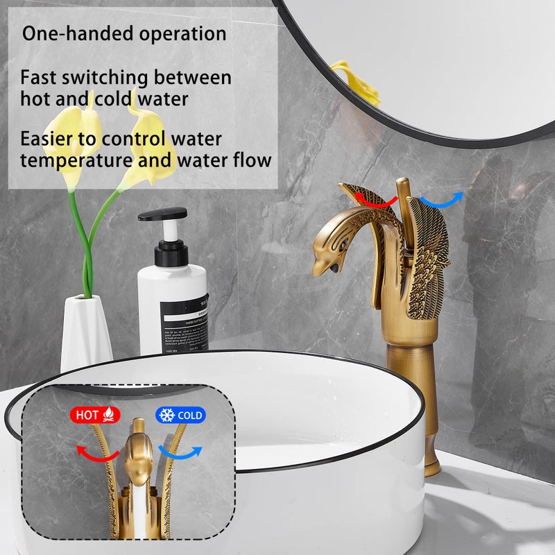 GGStudy Antique Brass Swan Shape Single Handle One Hole Bathroom Vessel Sink Faucet Deck Mount Lavatory Sink Faucet - Image 3